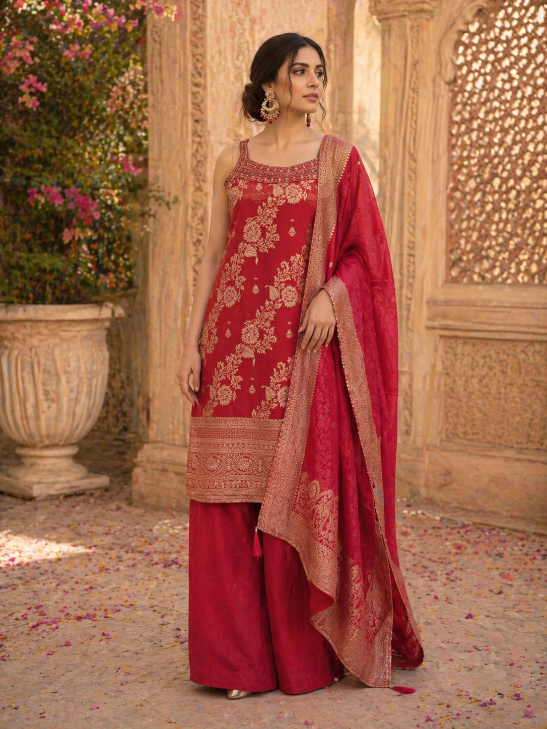 Crimson Red Tissue Silk Kurta Set with Palazzo & Zari Dupatta | Wedding & Festive Wear
